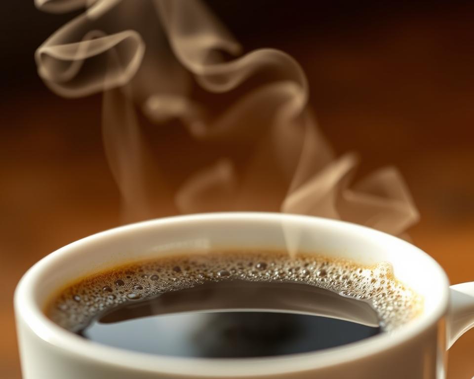 A close-up of a steaming hot cup of freshly brewed coffee, the surface shimmering with a fine layer of condensation. The aroma wafts upwards, hinting at the rich, complex flavors within. The lighting is soft and diffused, casting a warm, inviting glow on the scene. The background is slightly blurred, allowing the viewer to focus on the captivating details of the coffee's surface. The overall mood is one of anticipation and appreciation for the subtle nuances of the coffee's taste and texture.