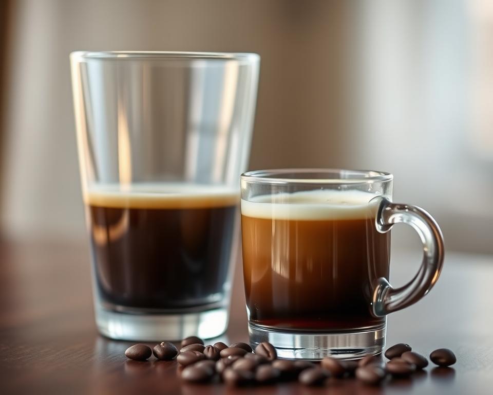 A close-up shot of a glass filled with freshly brewed coffee, its dark surface reflecting the warm light of the scene. Beside it, a small jug of creamy milk sits, ready to be poured into the coffee, creating the desired "Kaffee Milch" combination. The background is softly blurred, drawing the viewer's attention to the main subject and highlighting the simplicity and elegance of this classic coffee drink. The overall mood is cozy and inviting, capturing the essence of the "Einfluss von Zusätzen auf die Kalorienanzahl" section of the article.