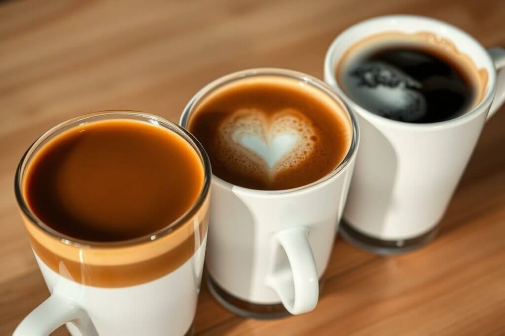A close-up shot of three espresso-based drinks, each in a white ceramic cup with a smooth glass fin