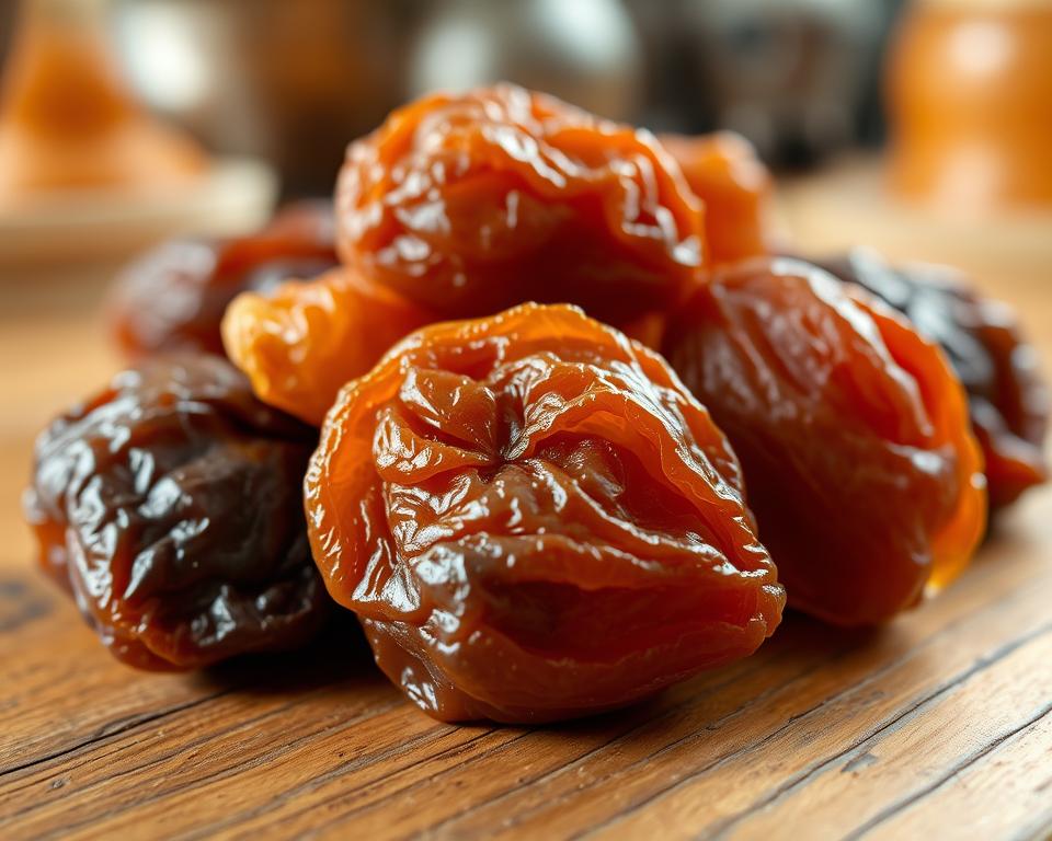 A close-up view of a group of dried prunes, their wrinkled, amber-hued skin glistening under warm, diffused lighting. The prunes are arranged on a rustic, wooden surface, perhaps a kitchen counter or table, evoking a sense of everyday domesticity. In the background, a subtle blur suggests the presence of other kitchen elements, hinting at the integration of these prunes into a larger culinary setting. The overall composition conveys a sense of simplicity, highlighting the natural beauty and potential versatility of these dried fruits within the context of everyday meals and snacks. A close-up view of a group of dried prunes, their wrinkled, amber-hued skin glistening under warm, diffused lighting. The prunes are arranged on a rustic, wooden surface, perhaps a kitchen counter or table, evoking a sense of everyday domesticity. In the background, a subtle blur suggests the presence of other kitchen elements, hinting at the integration of these prunes into a larger culinary setting. The overall composition conveys a sense of simplicity, highlighting the natural beauty and potential versatility of these dried fruits within the context of everyday meals and snacks.