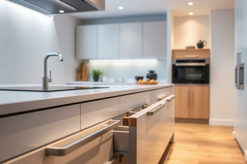 A contemporary kitchen featuring a seamless integration of sleek, modern Südschubladen. The foreground showcases the drawers' clean lines and minimalist design, complementing the kitchen's overall aesthetic. The middle ground highlights the drawers' effortless functionality, with smooth gliding motion and ample storage capacity. In the background, a neutral color palette and minimalist decor create a calming, harmonious atmosphere, allowing the Südschubladen to take center stage. Diffused lighting casts a soft, warm glow, accentuating the drawers' high-quality materials and craftsmanship. The overall scene conveys a sense of sophistication, efficiency, and a harmonious balance between form and function.