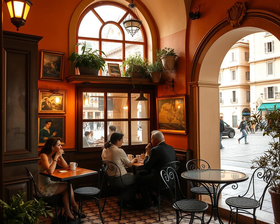 A cozy Italian café nestled in a picturesque piazza, bathed in warm, golden light filtering through ornate arched windows. Couples sip espressos and chat animatedly, surrounded by the aroma of freshly brewed coffee and the gentle hum of conversation. Intricate tilework patterns adorn the floor, while vintage light fixtures cast a soft, inviting glow. Terracotta-colored walls are adorned with framed paintings and photographs, celebrating the rich cultural heritage of Italy. Outside, a wrought-iron bistro set beckons passersby to linger and savor the quintessential Italian coffee experience. A cozy Italian café nestled in a picturesque piazza, bathed in warm, golden light filtering through ornate arched windows. Couples sip espressos and chat animatedly, surrounded by the aroma of freshly brewed coffee and the gentle hum of conversation. Intricate tilework patterns adorn the floor, while vintage light fixtures cast a soft, inviting glow. Terracotta-colored walls are adorned with framed paintings and photographs, celebrating the rich cultural heritage of Italy. Outside, a wrought-iron bistro set beckons passersby to linger and savor the quintessential Italian coffee experience.