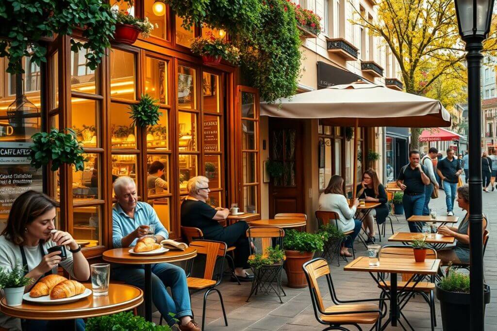 A cozy Italian café nestled in the heart of a bustling German city, bathed in warm, golden light filtering through large windows. Charming wooden furniture and potted plants create a relaxed, inviting atmosphere. Patrons sip espresso and nibble on flaky croissants, engaged in lively conversation. The aroma of freshly brewed coffee and baked goods wafts through the air, enticing passersby. Outside, the sidewalk is dotted with small tables and umbrellas, where people enjoy the mild weather and watch the world go by. This picturesque scene transports you to the Italian countryside, yet it is firmly rooted in the vibrant urban landscape of Germany. A cozy Italian café nestled in the heart of a bustling German city, bathed in warm, golden light fi