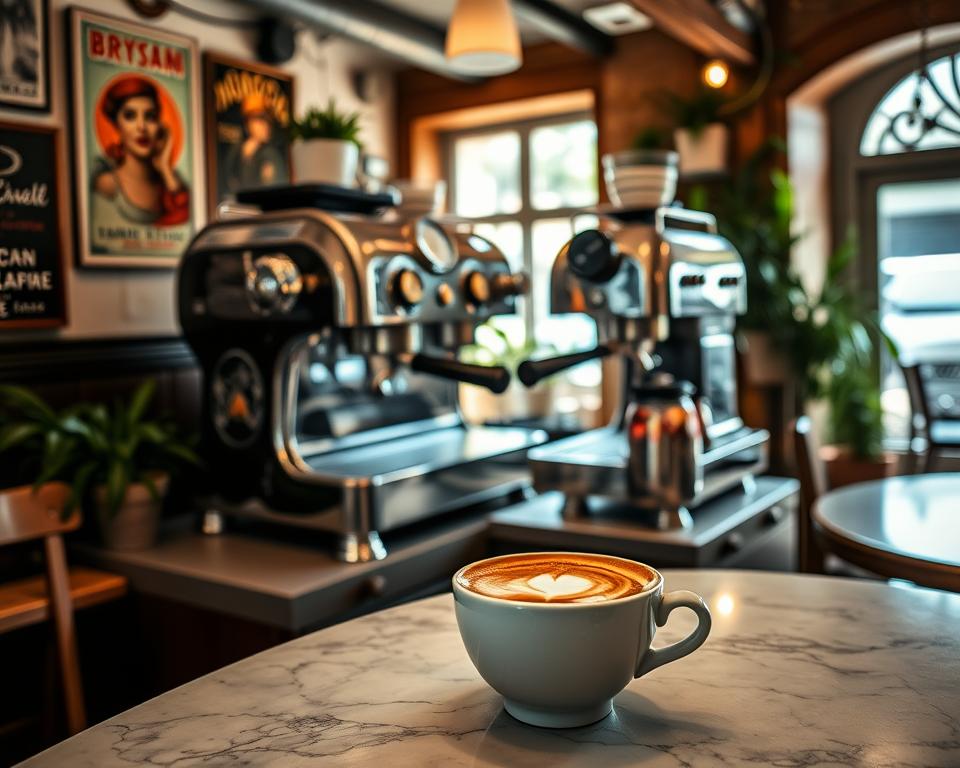 A cozy Italian cafe, with sunlight streaming through the windows and the aroma of freshly brewed espresso filling the air. In the foreground, a marble-topped table with a classic Italian coffee cup, complete with delicate latte art. The middle ground features an ornate espresso machine, its gleaming chrome and brass detailing reflecting the warm lighting. In the background, the interior is adorned with vintage posters, worn wooden beams, and potted plants, evoking the timeless ambiance of a traditional Italian cafe. The overall mood is one of comfort, tradition, and the appreciation of the simple pleasures of a perfect cup of coffee. A cozy Italian cafe, with sunlight streaming through the windows and the aroma of freshly brewed espresso filling the air. In the foreground, a marble-topped table with a classic Italian coffee cup, complete with delicate latte art. The middle ground features an ornate espresso machine, its gleaming chrome and brass detailing reflecting the warm lighting. In the background, the interior is adorned with vintage posters, worn wooden beams, and potted plants, evoking the timeless ambiance of a traditional Italian cafe. The overall mood is one of comfort, tradition, and the appreciation of the simple pleasures of a perfect cup of coffee.