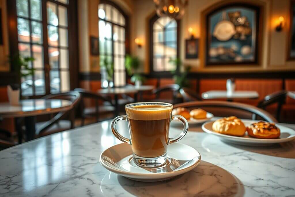 A cozy Spanish café interior, with a beautifully crafted café cortado taking center stage. Soft nat