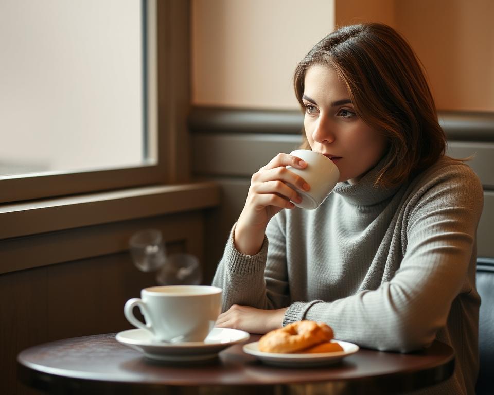 A cozy café setting with a person sitting at a table, sipping a steaming cup of coffee. The person's focus is on the cup, their eyes attentive, suggesting a moment of contemplation. The table is neatly set, with a plate of pastries or a small snack nearby, hinting at a leisurely break. The lighting is soft and warm, creating a relaxing atmosphere. The background features muted tones, allowing the subject to be the central focus. The overall scene conveys a sense of tranquility and mindfulness, reflecting the role of the thyroid gland in the body's balance and well-being.