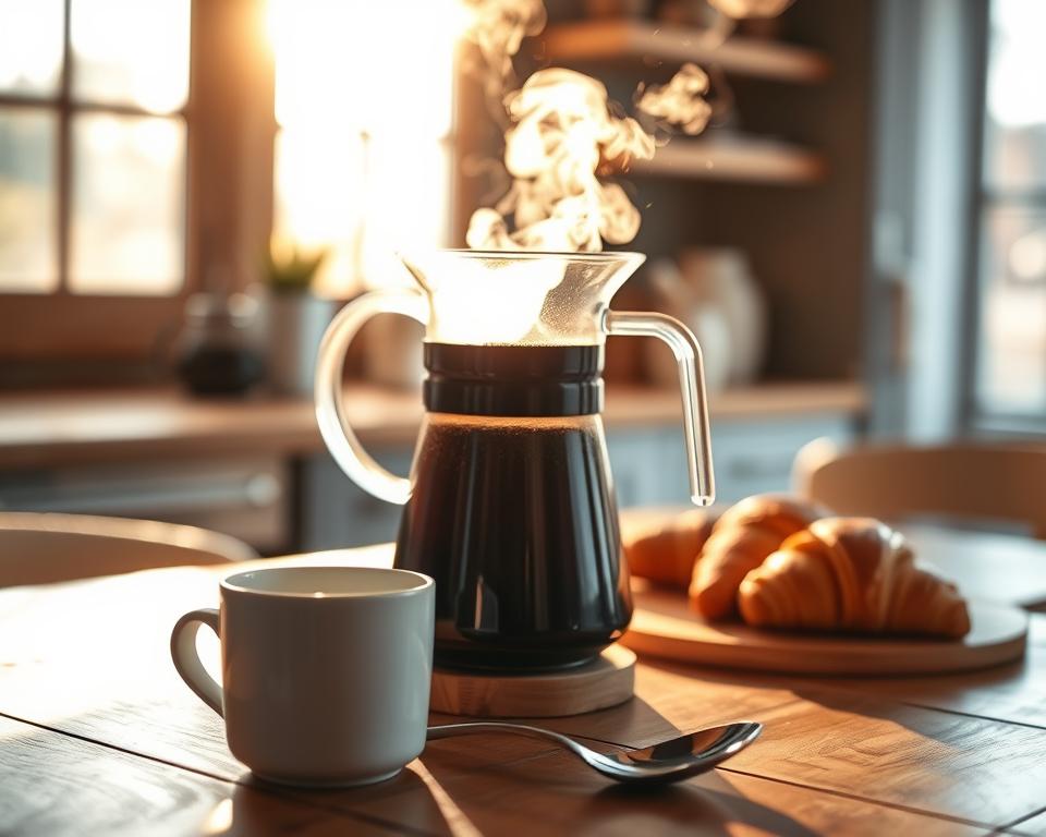 A cozy kitchen with warm lighting, a glass carafe filled with freshly brewed Filterkaffee resting on a wooden table. The steam rising from the carafe creates a soothing ambiance, as sunlight streams through a nearby window, casting a soft glow across the scene. In the foreground, a simple white mug and a spoon await, inviting the viewer to savor the rich, aromatic coffee. The middle ground features a few artisanal baked goods, such as a flaky croissant or a fresh-from-the-oven pastry, complementing the coffee's flavor. The background subtly blurs, emphasizing the focus on the brewing process and the anticipation of a perfect morning ritual.