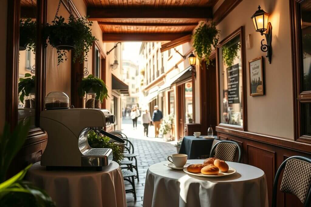 A cozy, sun-dappled Italian café nestled on a quaint street in Germany. The foreground features a small round table set with a crisp white tablecloth, a classic Italian espresso machine, and a plate of fresh pastries. The middle ground showcases the café's rustic interior, with wooden beams, hanging plants, and warm lighting from vintage-style wall sconces. In the background, glimpses of the bustling street outside - cobblestones, old-world architecture, and pedestrians enjoying the charming atmosphere. The overall scene evokes a sense of relaxation, indulgence, and the quintessential Italian café experience, perfect for an authentic taste of la dolce vita in Germany. A cozy, sun-dappled Italian café nestled on a quaint street in Germany. The foreground features a s's rustic interior, with wooden beams, hanging plants, and warm lighting from vintage-style wall sconces. In the background, glimpses of the bustling street outside - cobblestones, old-world architecture, and pedestrians enjoying the charming atmosphere. The overall scene evokes a sense of relaxation, indulgence, and the quintessential Italian café experience, perfect for an authentic taste of la dolce vita in Germany.