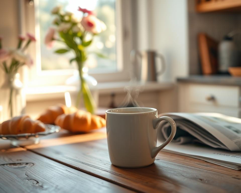 A cozy, sun-lit kitchen, with a steaming mug of freshly brewed coffee placed on a rustic wooden table. Soft, warm light filters through the kitchen window, casting a gentle glow on the surrounding decor - a vase of fresh flowers, a scattering of croissants, and a newspaper neatly folded to the side. The scene evokes a sense of tranquility and mindful morning rituals, inviting the viewer to savor the simple pleasure of starting the day with a perfect cup of coffee. Captured with a soft, romantic lens, the image conveys the importance of this morning ritual and its ability to ground and energize the soul.
