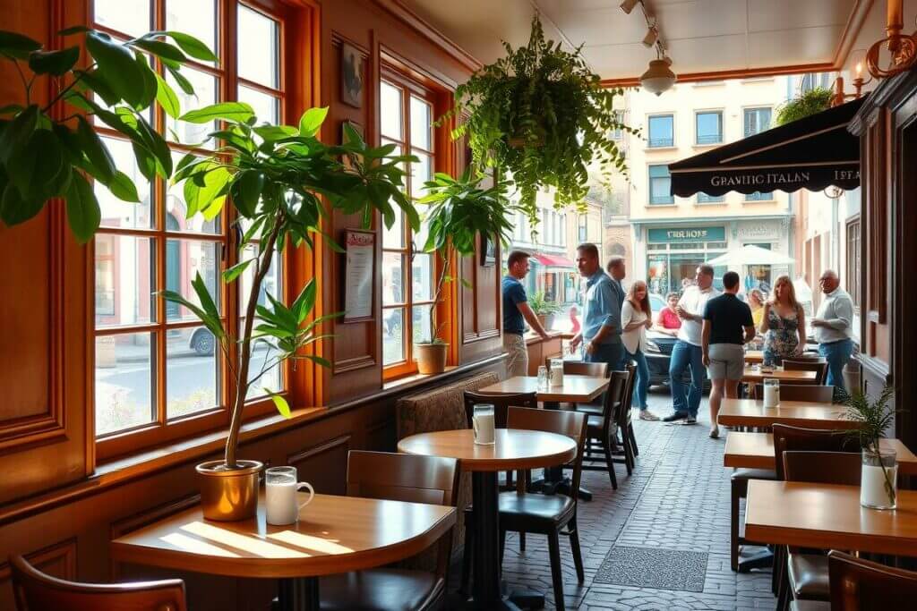 A cozy, well-lit Italian café in the heart of a quaint German town. Wooden tables and chairs invite patrons to linger over espresso and pastries. The front windows offer a view of charming cobblestone streets, where passersby stroll by. Warm sunlight filters through lush potted plants, casting a soft glow over the intimate space. Brass accents and vintage decor evoke an authentic, old-world atmosphere. The air is filled with the aroma of freshly brewed coffee and the chatter of contented customers. This is the perfect spot to while away an afternoon, planning your next café discovery in Deutschland. A cozy, well-lit Italian café in the heart of a quaint German town. Wooden tables and chairs invite