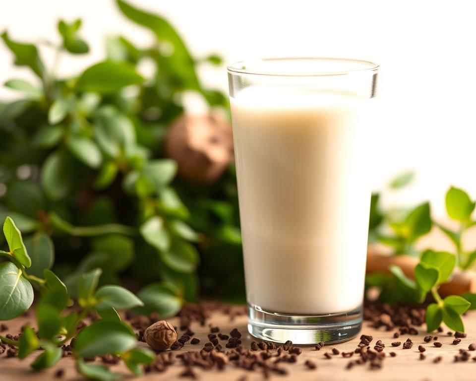 A delicate glass of creamy buttermilk, its surface gently rippling, against a backdrop of verdant greens and earthy browns. The lighting is soft and diffused, casting a warm, soothing glow that enhances the natural creaminess of the beverage. The composition is balanced, with the glass positioned in the foreground, drawing the viewer's attention to the health-promoting properties of this probiotic-rich dairy product. The overall mood is one of calm, wellness, and the restorative power of simple, wholesome ingredients.