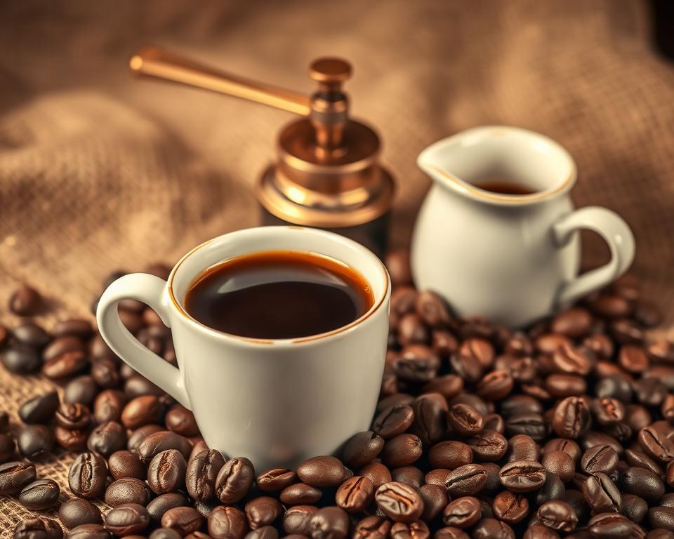 A delicate still life capturing the essence of Italian coffee. In the foreground, a pristine ceramic espresso cup brimming with a rich, velvety-smooth brew. Surrounding it, an assortment of aromatic coffee beans, freshly roasted and glistening in the soft, warm lighting. In the middle ground, a vintage brass grinder and a small ceramic pitcher of steamed milk, hinting at the art of crafting the perfect cappuccino. The background features a subtly textured burlap sack, its earthy tones complementing the rich, sepia-toned atmosphere. The scene evokes a sense of calm, indulgence, and the comforting rituals of Italian coffee culture. A delicate still life capturing the essence of Italian coffee. In the foreground, a pristine ceramic espresso cup brimming with a rich, velvety-smooth brew. Surrounding it, an assortment of aromatic coffee beans, freshly roasted and glistening in the soft, warm lighting. In the middle ground, a vintage brass grinder and a small ceramic pitcher of steamed milk, hinting at the art of crafting the perfect cappuccino. The background features a subtly textured burlap sack, its earthy tones complementing the rich, sepia-toned atmosphere. The scene evokes a sense of calm, indulgence, and the comforting rituals of Italian coffee culture.