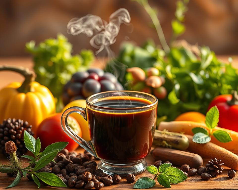 A delightful and healthful still life, showcasing a steaming cup of rich, Italian roast coffee set against a backdrop of fresh produce and botanical elements. The warm, golden lighting casts a cozy glow, accentuating the deep, earthy tones of the coffee and the vibrant hues of the fruit, vegetables, and herbs surrounding it. The composition is balanced, with the coffee cup taking center stage, flanked by a variety of wholesome, natural ingredients that symbolize the harmony between the indulgence of coffee and the benefits of a healthy lifestyle. The image conveys a sense of tranquility, inviting the viewer to savor the moment and appreciate the pleasures of life's simple joys. A delightful and healthful still life, showcasing a steaming cup of rich, Italian roast coffee set against a backdrop of fresh produce and botanical elements. The warm, golden lighting casts a cozy glow, accentuating the deep, earthy tones of the coffee and the vibrant hues of the fruit, vegetables, and herbs surrounding it. The composition is balanced, with the coffee cup taking center stage, flanked by a variety of wholesome, natural ingredients that symbolize the harmony between the indulgence of coffee and the benefits of a healthy lifestyle. The image conveys a sense of tranquility, inviting the viewer to savor the moment and appreciate the pleasures of life's simple joys.
