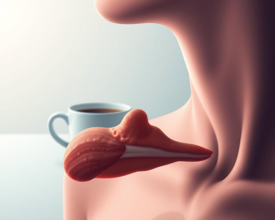 A detailed illustration of caffeine intolerance and its impact on the thyroid gland. In the foreground, a close-up view of a human thyroid gland, depicted with intricate anatomical accuracy. The gland appears slightly enlarged, representing the effects of caffeine sensitivity. In the middle ground, a cup of steaming coffee sits, symbolizing the trigger for the thyroid's adverse reaction. The background features a clean, clinical environment, with subtle hues of blues and grays, conveying a sense of medical precision. The lighting is soft and diffused, creating a contemplative mood. The overall composition strikes a balance between the scientific and the personal, inviting the viewer to explore the complex relationship between caffeine, the thyroid, and the human body.