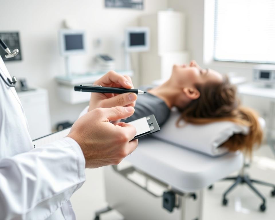 A diagnostic medical examination scene depicting the diagnosis of caffeine intolerance related to thyroid function. The foreground shows a doctor's hand holding a clipboard and pen, performing an examination of a patient's thyroid gland. The middle ground features the patient reclining on an examination table, their head tilted back to expose their neck. The background is a clean, well-lit medical office setting with modern equipment and furnishings. The lighting is bright and natural, creating a clinical yet reassuring atmosphere. The overall tone is one of professional medical expertise, with a focus on the diagnostic process for identifying caffeine intolerance related to thyroid health.