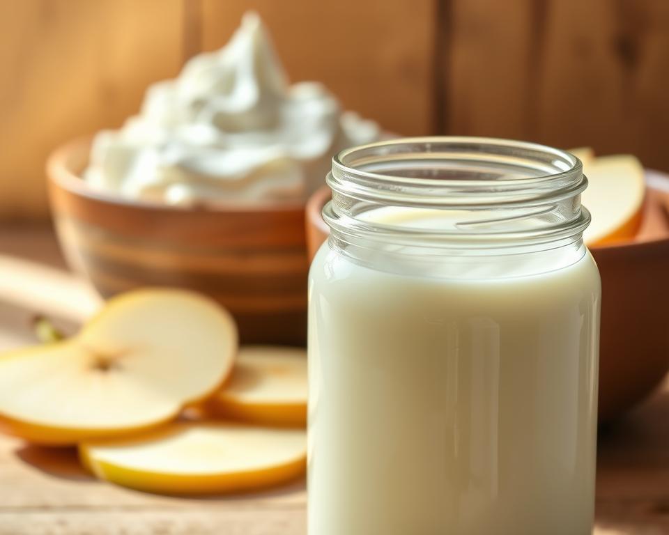 A glass jar filled with creamy buttermilk, its surface lightly swirled, positioned in the foreground against a backdrop of vibrant, thick Greek yogurt in an earthenware bowl. The lighting is warm and natural, casting soft shadows that accentuate the textures of the dairy products. In the middle ground, sliced fresh fruit, perhaps apples or pears, add a pop of color and complementary flavor. The overall scene evokes a sense of rustic, wholesome nourishment, inviting the viewer to consider the unique attributes and health benefits of buttermilk compared to other dairy options.
