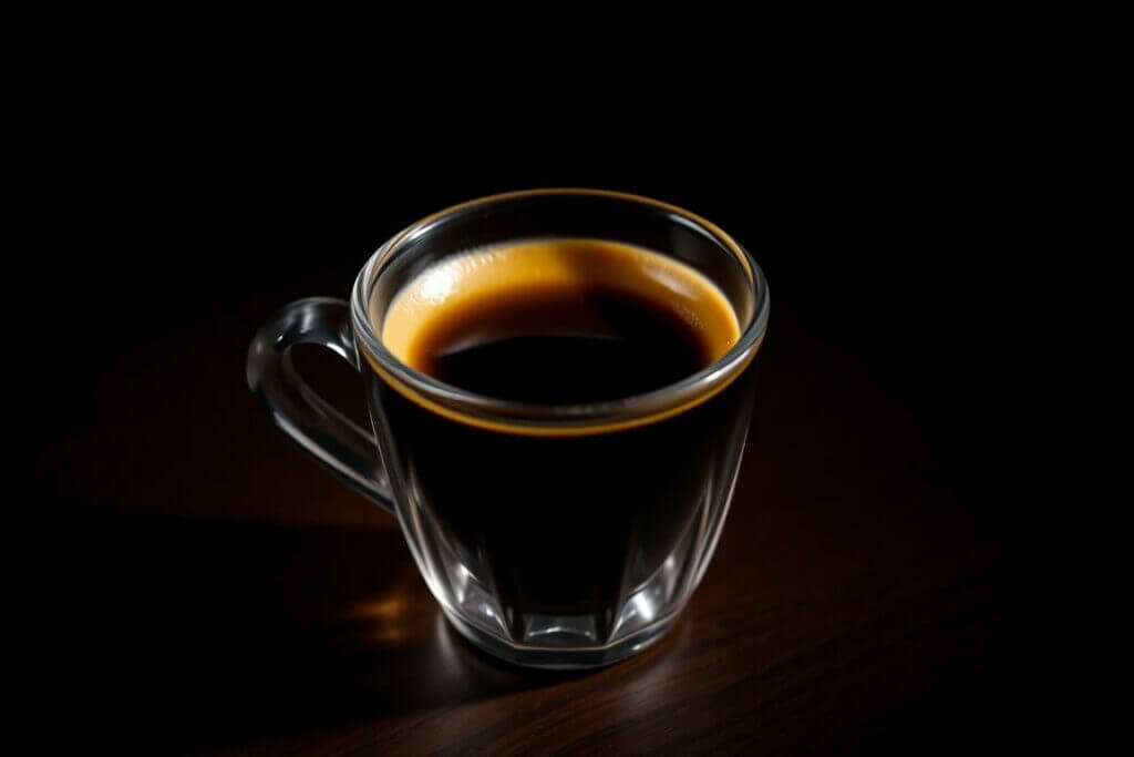 A high-quality, detailed espresso shot served in a classic demitasse cup, with a smooth, rich crema