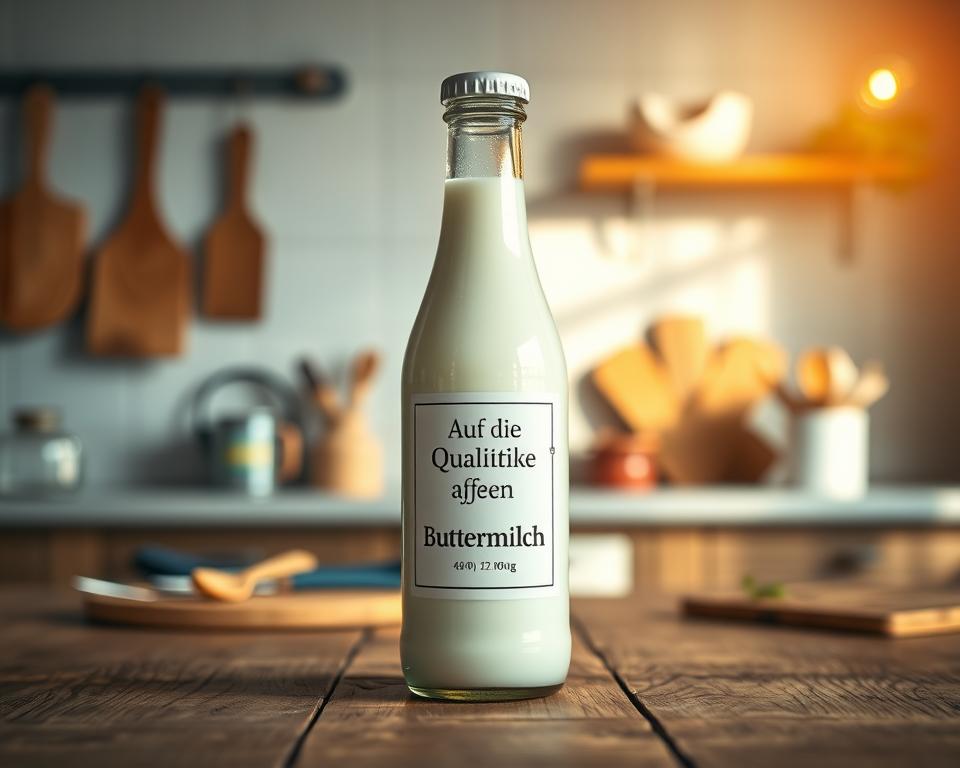 A high-quality glass bottle of buttermilk prominently displayed on a wooden table, bathed in warm, natural lighting. The bottle features a minimalist label with the German text "Auf die Qualität achten Buttermilch" in a clean, modern typeface. The background is a softly blurred scene of a cozy kitchen, with subtle hints of kitchen utensils and ingredients, evoking a sense of health, authenticity, and culinary expertise. The overall composition and lighting create a sense of calm, inviting the viewer to appreciate the simple pleasures of high-quality buttermilk.