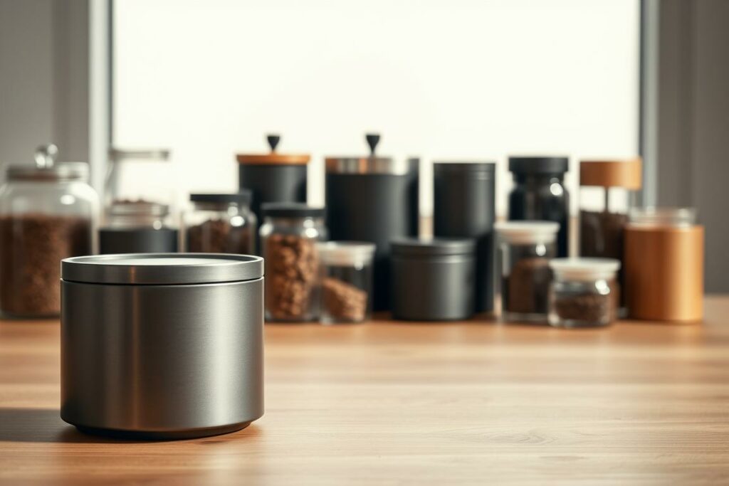 A modern, well-designed coffee storage container with a sleek, minimalist aesthetic. Positioned in the foreground, the container features a subtle brushed metal or matte black finish, with clean lines and an understated silhouette. In the middle ground, an array of different coffee storage solutions - ranging from glass jars to stylish canisters - are arranged for a comparative visual. The background is softly blurred, placing the focus on the featured Abklopfbehälter (coffee knock box) and its peers. Warm, directional lighting casts gentle shadows, emphasizing the materiality and craftsmanship of the products. The overall mood is one of considered, functional design that would complement a modern, minimalist kitchen aesthetic.