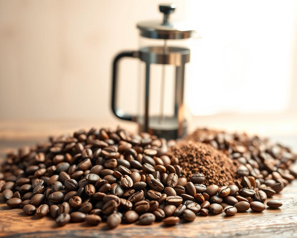 A neatly arranged still life showcasing an assortment of high-quality coffee beans. The beans are presented on a rustic wooden surface, illuminated by natural lighting streaming in from the side. The foreground features a carefully curated selection of whole and ground beans, each variety distinct in color and texture. In the middle ground, a classic coffee brewing device, such as a French press or pour-over setup, complements the scene. The background gently fades into a softly blurred, neutral-toned environment, allowing the coffee beans to take center stage. The overall mood is one of tranquility, inviting the viewer to appreciate the artistry and craftsmanship of the perfect coffee bean set.