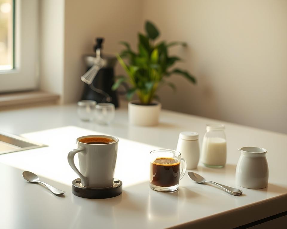 A neatly organized kitchen counter, with a steaming cup of freshly brewed coffee in the center. Sunlight filters through the nearby window, casting a warm glow on the scene. On the counter, arrange a few simple tools - a coffee grinder, a spoon, and a small pitcher of milk. In the background, a plant or two add a touch of greenery, while the walls are painted in a soothing, neutral tone. The overall atmosphere is one of calm and mindfulness, inviting the viewer to consider the tips for avoiding excessive coffee-related sweating.
