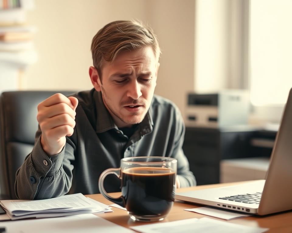 A person sitting at a desk, sweating profusely after drinking a cup of freshly brewed coffee. The subject's face is flushed, and beads of sweat are visible on their forehead and upper lip. The desk is cluttered with papers and a laptop, creating a sense of a busy work environment. The lighting is warm and natural, creating a soft glow around the subject. The background is slightly blurred, drawing the viewer's attention to the central figure and their physical reaction to the coffee. The mood is one of discomfort and mild distress, reflecting the experience of "coffee sweats."