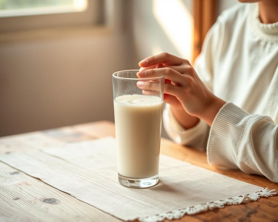A person sitting at a wooden table, casually enjoying a refreshing glass of buttermilk. The glass is half-full, with a creamy, pale liquid and a few bubbles rising to the surface. The table is adorned with a simple, rustic tablecloth, and the person's hands are wrapped around the glass, savoring the moment. Soft, natural lighting filters in through a nearby window, casting a warm, inviting glow on the scene. The atmosphere is serene and peaceful, conveying the health benefits and comforting properties of this traditional dairy drink.
