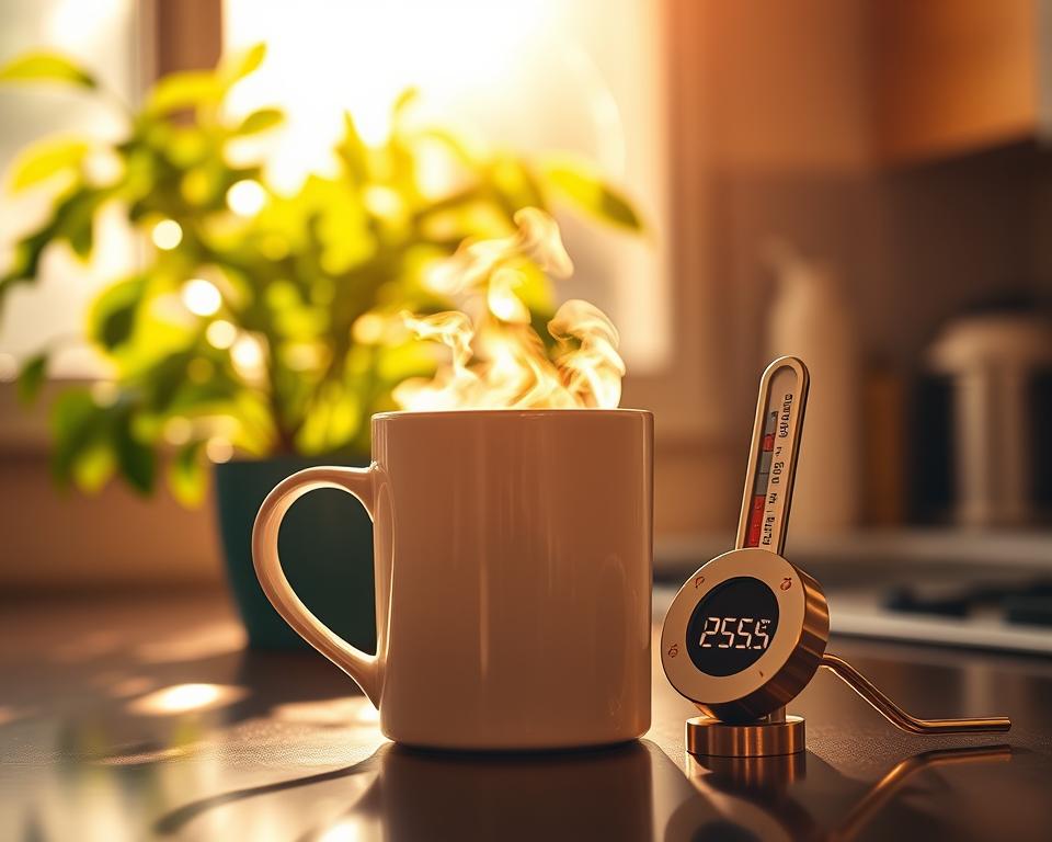 A serene kitchen counter on a sunny morning, with a steaming mug of freshly brewed coffee and a perfectly measured digital thermometer displaying the optimal water temperature of 195-205°F. The warm amber lighting casts a cozy glow, highlighting the sleek, minimalist design of the mug and the gleaming stainless steel of the thermometer. In the background, a blurred view of a lush, green houseplant adds a touch of natural vibrancy to the scene. The overall atmosphere conveys a sense of tranquility and attention to detail, capturing the essence of starting the day with the perfect cup of coffee.