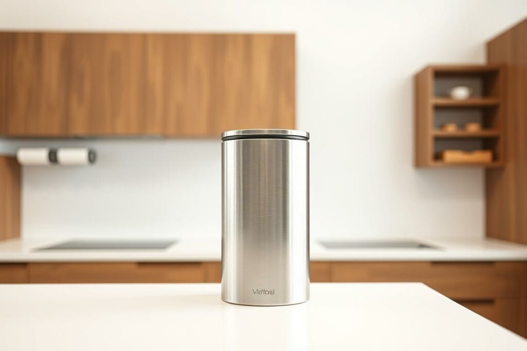 A sleek and modern Abklopfbehälter für Kaffeesatz, set against a minimalist kitchen backdrop. The container is crafted from brushed stainless steel, with a clean, cylindrical design and a subtle matte finish. Sitting atop a crisp white countertop, the Abklopfbehälter complements the warm wood tones and clean lines of the surrounding kitchen cabinetry. Soft, diffused lighting from overhead casts a gentle glow, highlighting the container's refined elegance and practical purpose. The scene conveys a sense of organization, efficiency, and a thoughtful approach to kitchen design and functionality.