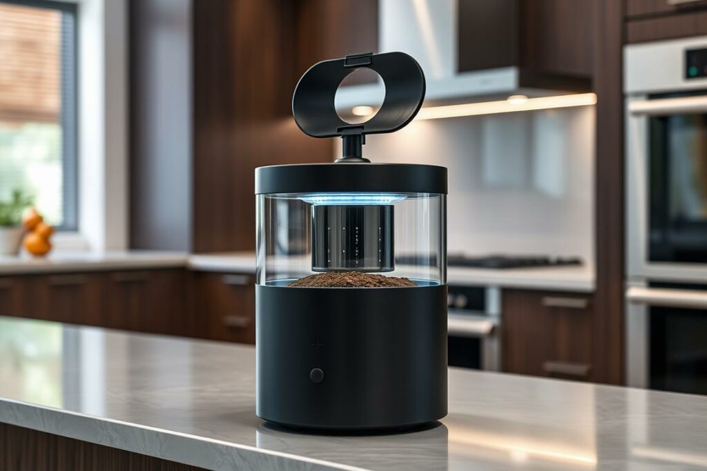 A sleek, contemporary coffee grounds disposal unit sits prominently on a modern kitchen counter. Matte black metal and tempered glass construction create a minimalist, high-end aesthetic. The cylindrical shape features a tapered top and a hinged lid, allowing for easy and mess-free disposal of used coffee grounds. Subtle ambient lighting from below illuminates the transparent container, showcasing the intricate inner workings. A flush-mounted power button and discreet extraction mechanism complete the streamlined, integrated design. The unit's compact footprint seamlessly blends into the surrounding kitchen environment, complementing the stainless steel appliances and dark wood cabinetry. An innovative, must-have accessory for the discerning home barista.