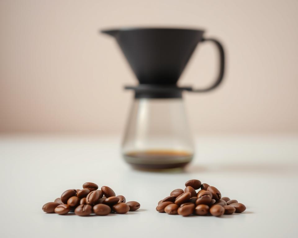 A sleek, minimalist still life showcasing the distinct characteristics of Arabica and Robusta coffee beans. In the foreground, two small piles of beans sit side by side - the Arabica beans with their smooth, oval shape and rich, complex aroma, the Robusta beans with their more rounded, robust appearance and higher caffeine content. The middle ground features an elegant, matte-black Pour Over brewing setup, hinting at the perfect extraction these bean varieties can produce. The background is softly blurred, creating a sense of focus and emphasis on the coffee beans themselves. Soft, natural lighting casts a warm, inviting glow, accentuating the natural tones and textures of the beans. The overall mood is one of simplicity, quality, and the appreciation of coffee's diversity.