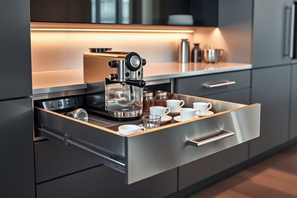 A sleek, modern kitchen with a prominent Südschublade, its polished stainless steel exterior gleaming under soft, warm lighting. The drawer is open, revealing a meticulously organized interior filled with coffee-making essentials - a state-of-the-art espresso machine, precision-ground beans, and an array of elegant cups and saucers. The scene exudes a sense of effortless sophistication, with the Südschublade serving as the centerpiece of this carefully curated coffee preparation area. The composition is framed by subtle, clean-lined cabinetry and a minimalist backsplash, allowing the Südschublade to take center stage as the indispensable element for the perfect cup of coffee.