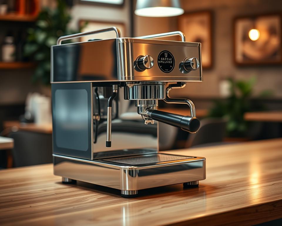A sleek, stainless steel espresso machine sits on a polished wooden counter, its gleaming chrome accents catching the soft, warm lighting from above. The machine's elegant, minimalist design exudes Italian sophistication, hinting at the rich, aromatic coffee it can produce. The machine is positioned in the foreground, with a blurred background revealing a cozy, cafe-like setting, complete with vintage-style cafe chairs and a hint of lush greenery. The overall scene evokes a sense of tranquility and craftsmanship, perfectly capturing the essence of the "Zubereitungstechnik" section of the article on Italian coffee.