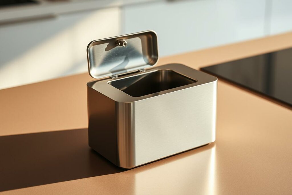 A sleek, stainless steel knock box, designed to catch coffee grounds and dregs from the portafilter of an espresso machine. Positioned on a modern, minimalist kitchen counter, the Abklopfbehälter gleams under warm, directional lighting, casting soft shadows that accentuate its sculptural form. The container's lid is slightly ajar, revealing the interior cavity where used coffee grounds collect. The overall composition conveys a sense of function, quality, and attention to detail, befitting a premium kitchen accessory.