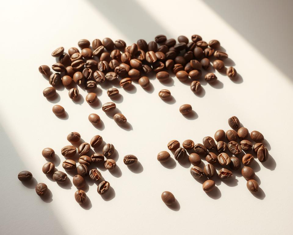 A sophisticated still life showcasing a carefully curated set of freshly roasted coffee beans. The beans are arranged in an elegant, symmetrical pattern on a sleek, minimalist surface, casting soft shadows that accentuate their rich, earthy tones. The lighting is soft and diffused, creating a warm, inviting atmosphere that highlights the beans' natural beauty and allure. The composition is balanced and visually striking, drawing the viewer's attention to the quality and craftsmanship of the coffee beans. The overall scene conveys a sense of artisanal refinement and a deep appreciation for the art of coffee cultivation and preparation.