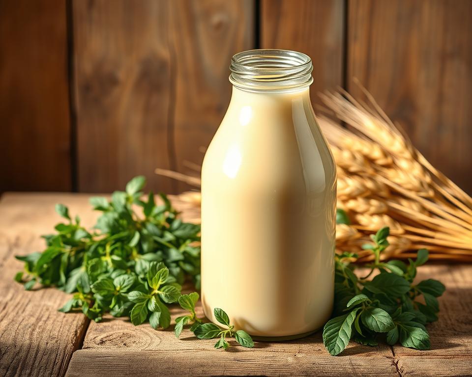 A stainless steel milk can filled with creamy, golden buttermilk stands on a rustic wooden table, surrounded by fresh herbs and a bundle of wheat stalks. Warm, natural lighting bathes the scene, casting gentle shadows and highlighting the rich texture of the buttermilk. The overall composition evokes a sense of traditional, artisanal dairy production, reflecting the origins and heritage of this nutritious dairy product. The image conveys the wholesome, homemade quality of buttermilk, reinforcing the health benefits and natural origins described in the article.