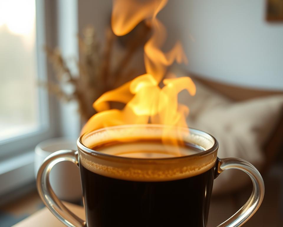 A steaming hot cup of freshly brewed Filterkaffee, its dark, rich aroma filling the air. The coffee's surface glistens, reflecting the warm, golden light filtering through a window. In the background, a minimalist, Scandinavian-inspired interior with clean lines and natural wood tones creates a serene, cozy atmosphere. The focus is on the cup, showcasing the beverage's tempting appearance and the care taken in its preparation. The overall scene evokes a sense of calm, unhurried enjoyment, inviting the viewer to savor the moment and appreciate the subtle nuances of this classic coffee preparation method.