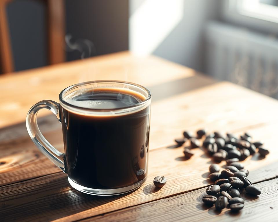 A steaming mug of coffee rests on a wooden table, the dark liquid glistening with a light layer of frothy milk. The aroma of freshly brewed beans fills the air, inviting the viewer to take a sip. The scene is bathed in soft, natural lighting, casting warm shadows that accentuate the simplicity of the composition. The mug is positioned in the foreground, drawing the eye to the calorie-conscious coffee, while the background remains blurred, allowing the focus to remain on the beverage. The overall mood is one of relaxation and mindfulness, capturing the essence of the "Kalorien Kaffee mit Milch ohne Zucker" and its role in reducing calorie intake.
