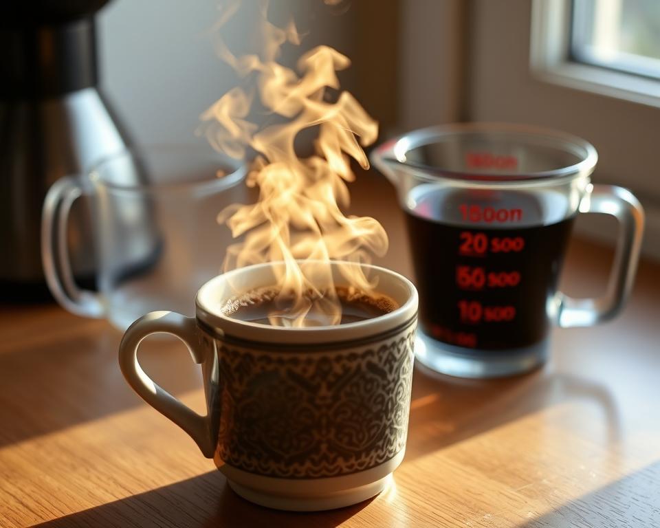 A steaming mug of freshly brewed coffee, its rich aroma filling the air, sits atop a wooden table. The light from a nearby window casts a warm, golden glow on the surface, highlighting the intricate patterns in the ceramic mug. The coffee itself is a deep, inky black, with a thin layer of crema resting on top. A measuring cup filled with water stands nearby, hinting at the process of determining the caloric content of this beloved beverage. The overall scene exudes a sense of contemplation and the simple pleasures of the everyday, inviting the viewer to pause and consider the nuances of their daily cup of coffee.