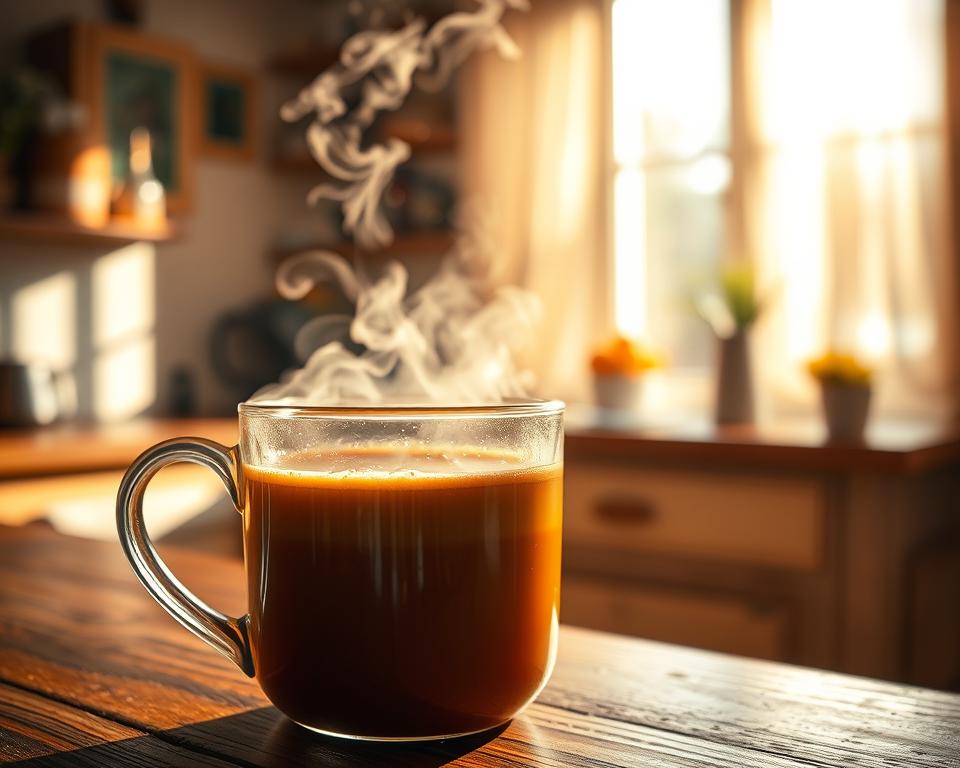 A steaming mug of freshly brewed coffee, sweat droplets forming on the surface, illuminated by warm natural light streaming through a window. In the background, a cozy kitchen with wooden countertops and a hint of sunlight filtering through sheer curtains, creating a soft, inviting atmosphere. The focus is on the coffee, its steam rising in delicate wisps, capturing the essence of the "Schwitzen durch Kaffee" phenomenon. The image conveys a sense of comfort and the anticipation of the perfect cup of coffee, while subtly hinting at the causes behind the perspiration it can induce.