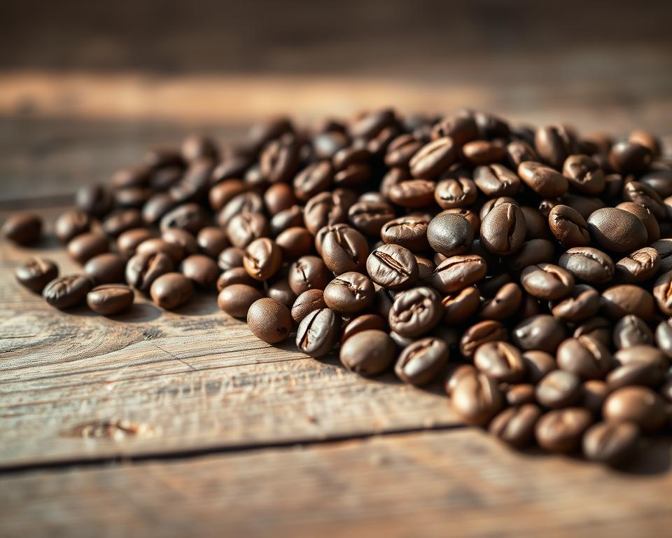 A still life composition showcasing an assortment of freshly roasted coffee beans arranged on a rustic wooden surface. The beans are presented in various shades of brown, from light to dark, capturing the rich diversity of roast profiles. Soft, diffused lighting from the side creates subtle shadows, accentuating the texture and luster of the beans. The background is slightly blurred, placing the focus solely on the coffee beans and their inherent beauty. The overall mood is one of simplicity, quality, and the appreciation of a premium coffee experience.