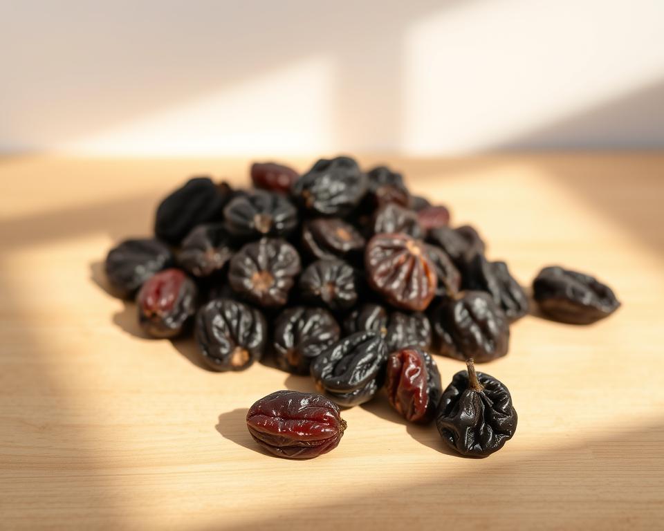 A still life featuring an assortment of dried prunes, set against a soft, neutral background. The prunes are artfully arranged, with a few scattered on a wooden surface, reflecting warm, natural lighting that casts subtle shadows. The composition emphasizes the rich, deep hues of the prunes, highlighting their textural qualities and natural beauty. The overall mood is one of calm, simplicity, and the health benefits associated with this nutritious dried fruit. A still life featuring an assortment of dried prunes, set against a soft, neutral background. The prunes are artfully arranged, with a few scattered on a wooden surface, reflecting warm, natural lighting that casts subtle shadows. The composition emphasizes the rich, deep hues of the prunes, highlighting their textural qualities and natural beauty. The overall mood is one of calm, simplicity, and the health benefits associated with this nutritious dried fruit.