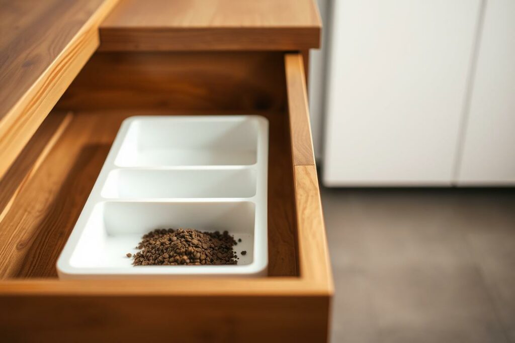 A tidy kitchen drawer, its contents meticulously arranged. The foreground showcases an open drawer, its interior lined with a clean, white organizer. Nestled within, a small pile of used coffee grounds, a testament to the day's brewed elixirs. Soft, diffused lighting illuminates the scene, casting a warm glow on the wooden surfaces. In the middle ground, the drawer's sleek, minimalist design stands out, its smooth lines and subtle hardware complementing the overall aesthetic. The background fades into a neutral, muted tone, allowing the focus to remain on the well-maintained drawer and its contents. An image that evokes a sense of order, cleanliness, and the satisfaction of a well-organized kitchen.