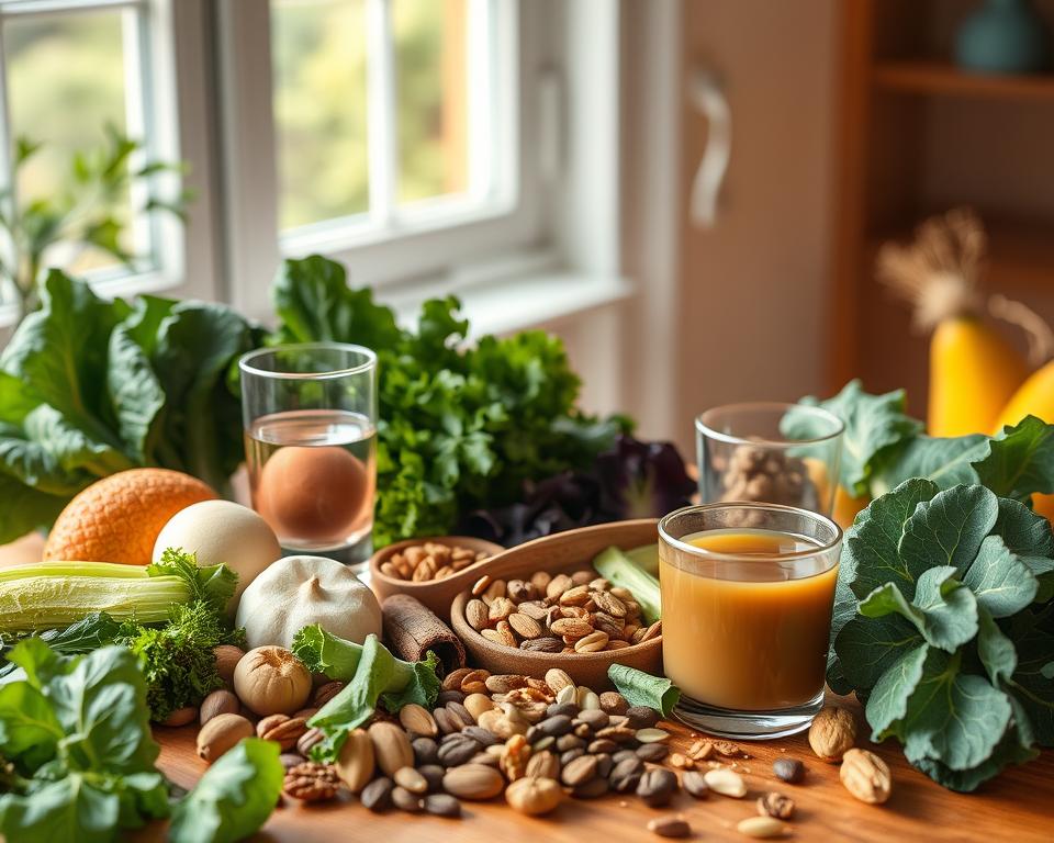 A vibrant still life showcasing the intersection of nutrition and thyroid health. In the foreground, a variety of natural, whole foods including leafy greens, cruciferous vegetables, nuts, and seeds are artfully arranged. Midground features a glass of water and a mug of herbal tea, symbolizing the importance of hydration. In the background, a subtle silhouette of the human thyroid gland, hinting at the delicate balance between diet and endocrine function. Warm, natural lighting from a window casts a soft glow, creating an inviting, calming atmosphere. The composition is clean and minimalist, allowing the key elements to shine. This image conveys the notion that a mindful, nutrient-dense diet can support those with caffeine sensitivity and thyroid conditions.