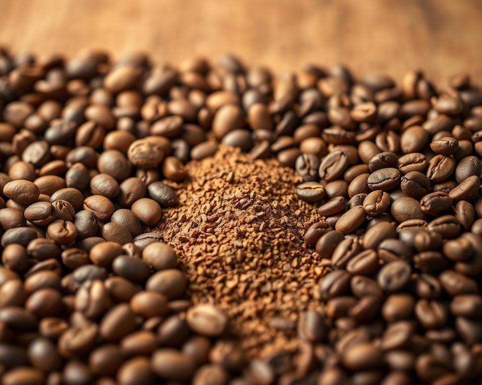 Artfully arranged coffee beans, a celebration of their rich diversity. In the foreground, an assortment of whole beans in varying shades of brown, from light to dark, capture the nuanced flavors of different roasts. The middle ground showcases a scattering of ground coffee, the granules catching the warm, directional light, hinting at the aromatic potential. In the background, a soft, blurred backdrop of earthy tones provides a harmonious setting, drawing the viewer's gaze to the star of the scene – the coffee beans. The overall composition exudes a sense of artisanal craftsmanship, inviting the viewer to explore the captivating world of coffee.