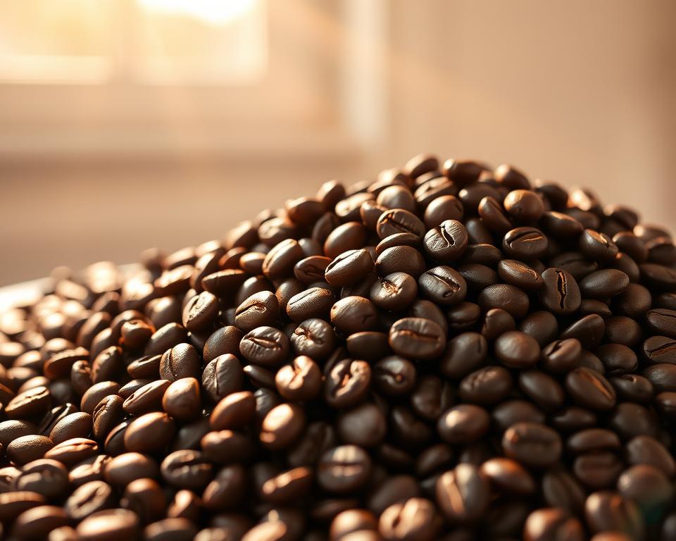 High-quality image of a pile of freshly roasted Italian espresso beans, lit by warm, golden sunlight filtering through a window. The beans are glistening with oils, their rich, dark brown hues contrasting beautifully against a clean, minimalist background. The focus is crisp and clear, allowing the intricate textures and subtle variations in the beans to be appreciated. The composition is balanced, with the pile of beans taking up the majority of the frame, creating a sense of depth and dimensionality. The overall mood is one of artisanal quality, craftsmanship, and the inviting aroma of premium Italian coffee. High-quality image of a pile of freshly roasted Italian espresso beans, lit by warm, golden sunlight filtering through a window. The beans are glistening with oils, their rich, dark brown hues contrasting beautifully against a clean, minimalist background. The focus is crisp and clear, allowing the intricate textures and subtle variations in the beans to be appreciated. The composition is balanced, with the pile of beans taking up the majority of the frame, creating a sense of depth and dimensionality. The overall mood is one of artisanal quality, craftsmanship, and the inviting aroma of premium Italian coffee.