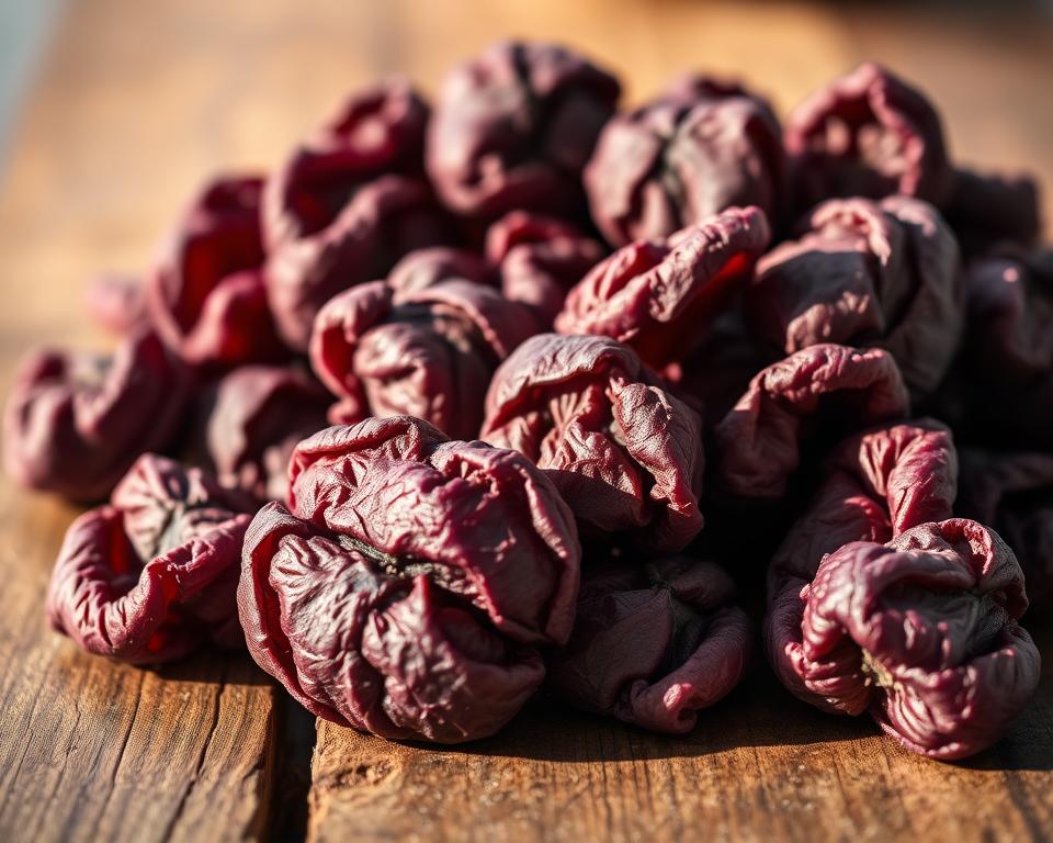 A-close-up-photograph-of-a-pile-of-dried-plums-prunes-on-a-rustic-wooden-surface-illuminated