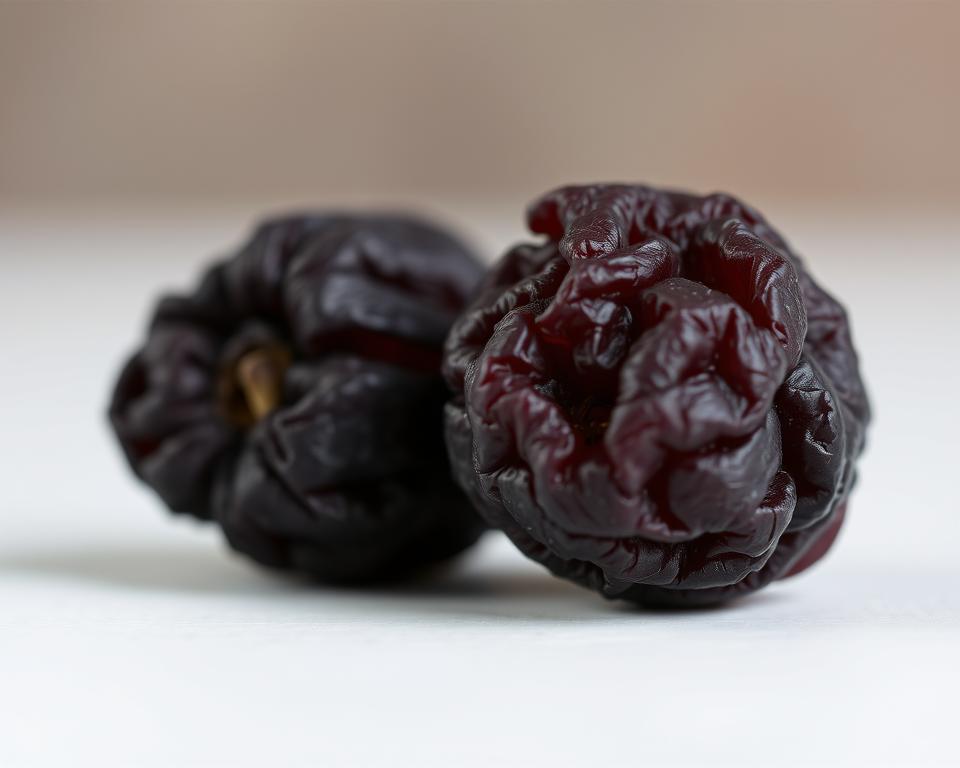 A-close-up-view-of-two-dried-prunes-against-a-blurred-background-highlighting-their-wrinkled