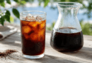 Cold Brew Kaffee im Glas mit Eis neben einer Karaffe und grob gemahlenem Kaffee