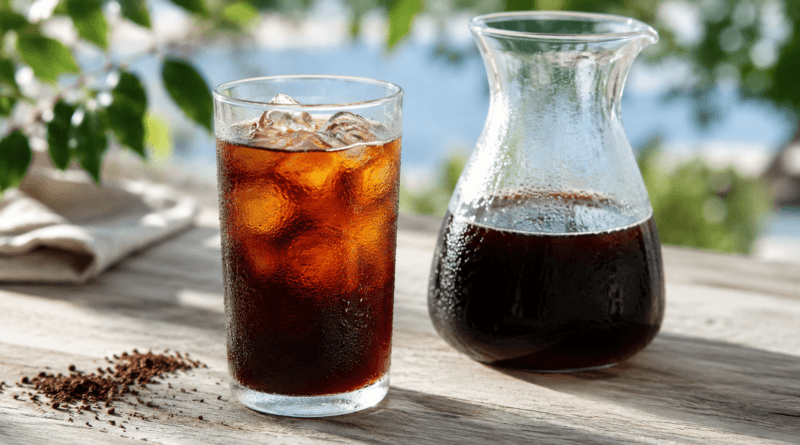 Cold Brew Kaffee im Glas mit Eis neben einer Karaffe und grob gemahlenem Kaffee